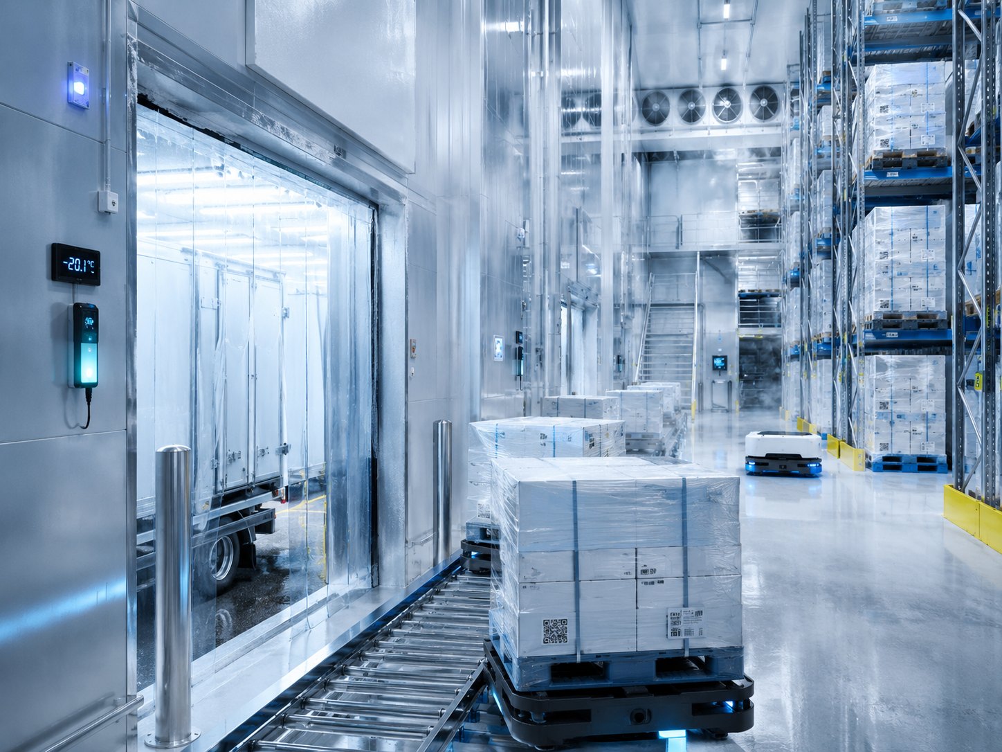 Cold-chain warehouse with temperature-controlled storage, pallets, automation, and logistics infrastructure