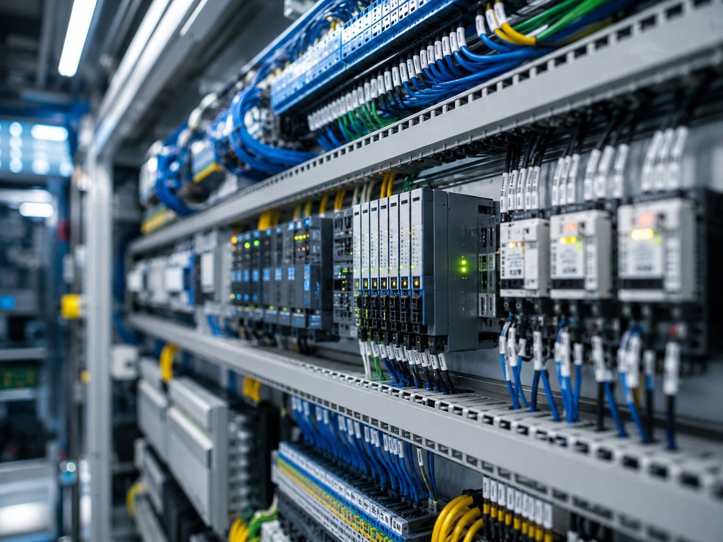 Industrial control cabinet with labeled wiring, PLC modules, relays, and operational control infrastructure
